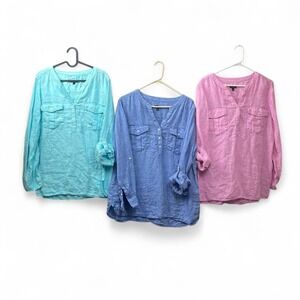 Talbots Linen Pink Blue Chambray Roll Tab Sleeve Blouse Bundle XL Spring Work
